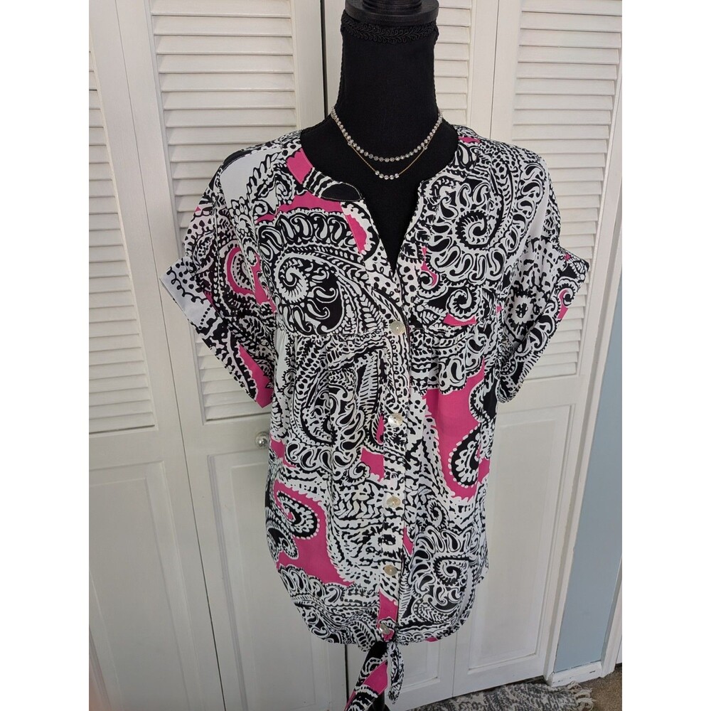 Ruby Rd. Blouse Womens 1X Pink Black Paisley Button Up Lower Tie Colorful Barbie